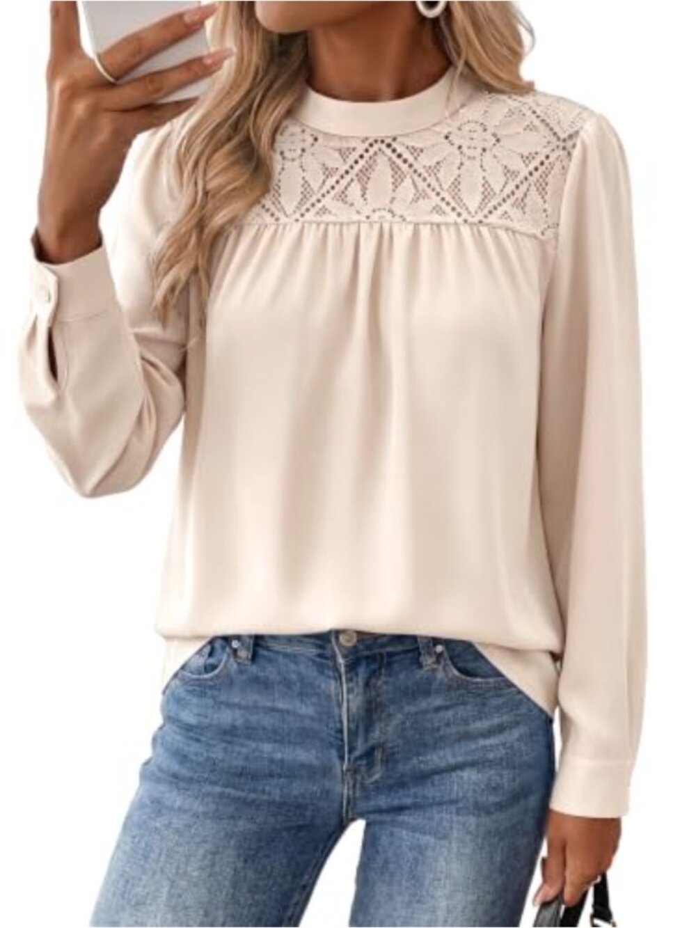 Womens Lace Mock Neck Long Sleeve Blouse Chiffon Dressy Casual Top